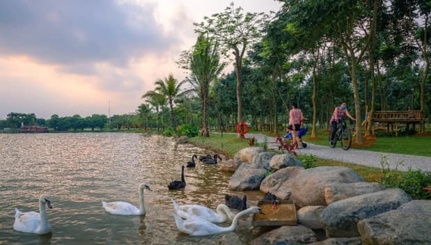 Cảnh quan hồ và đường dạo có cư dân sử dụng tiện ích tại Ecopark